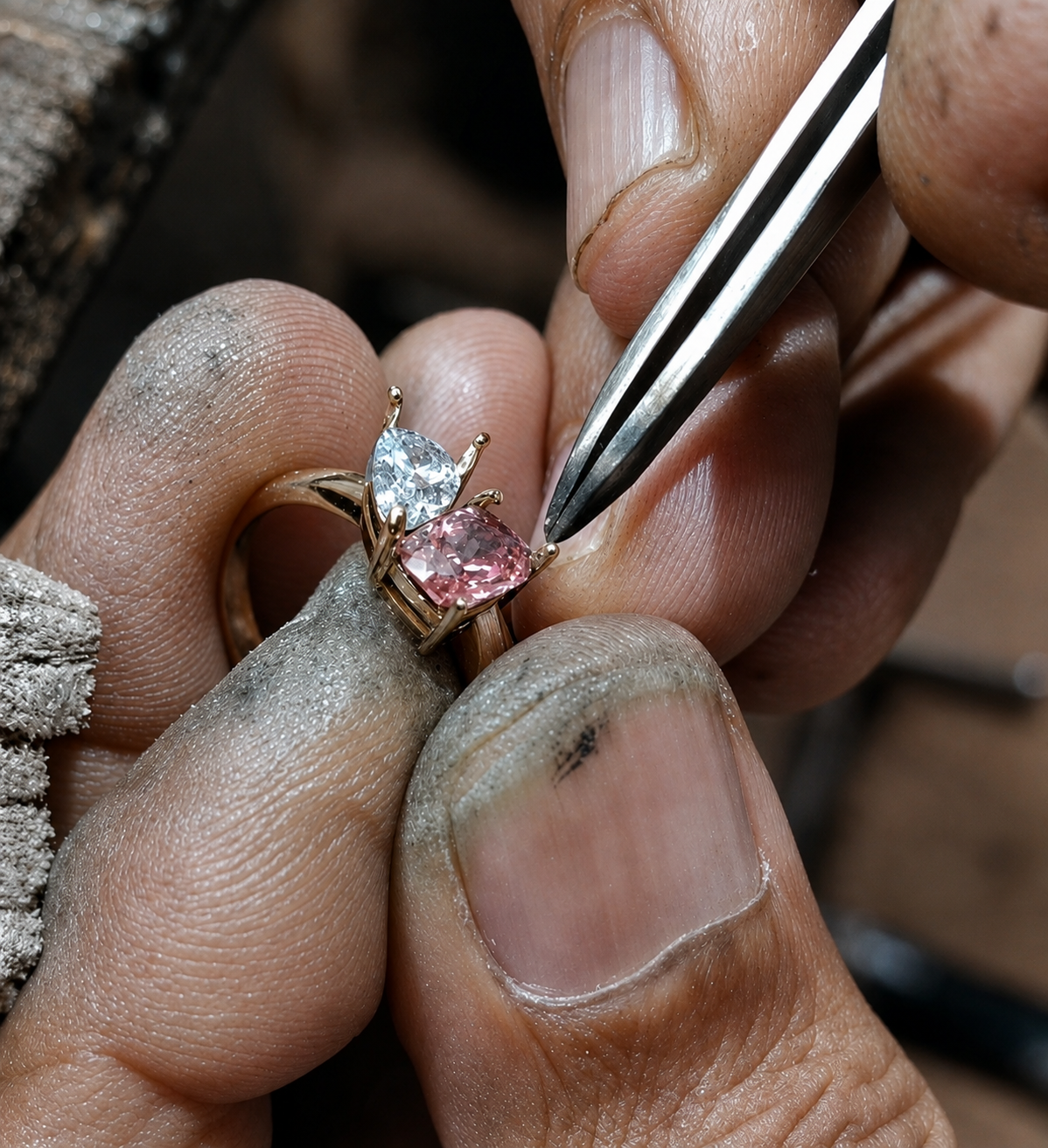 Close-up of a ring being held between hands with tweezers, featuring a gold band with a clear marquise-cut gemstone and a pink oval-cut gemstone.